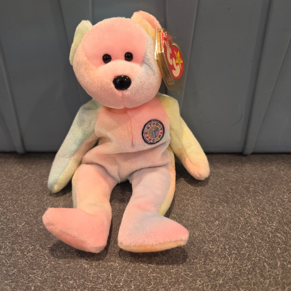 NEW Ty Beanie Babies Baby Happy Birthday B B Bear Tie Dye Pastel Plush Toy 8"NWT